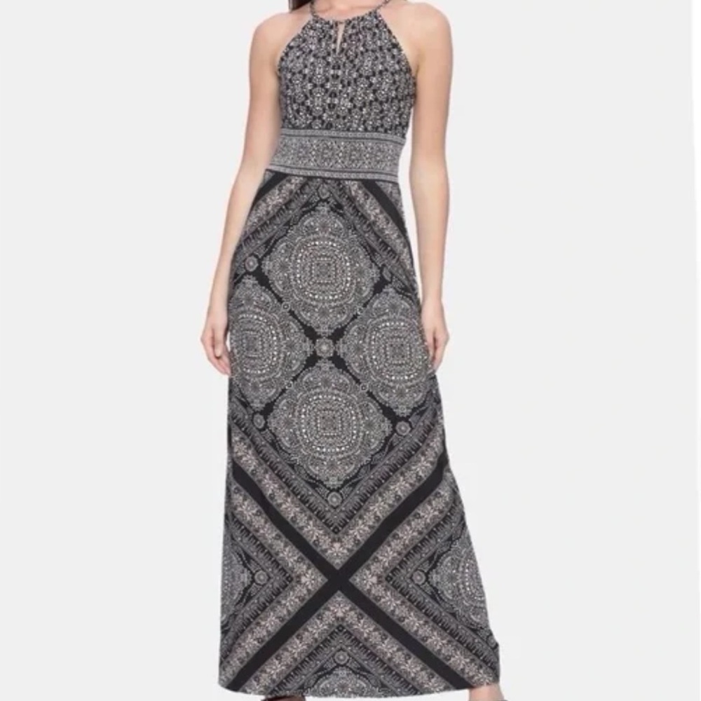 London Times Halter Keyhole Geometric Maxi Dress